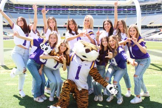 delta zeta members pose in tiger stadium