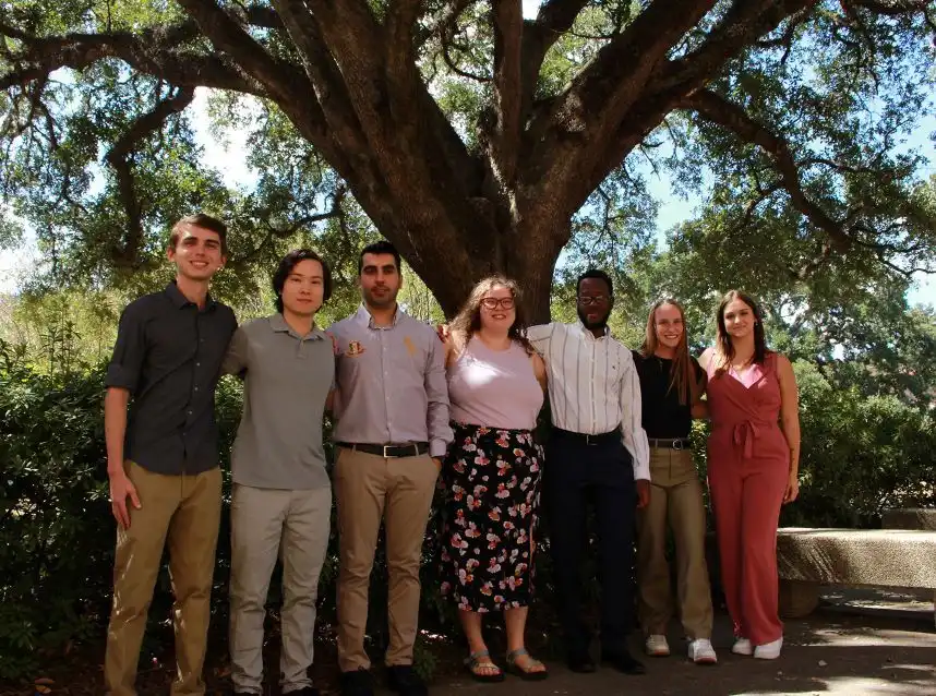 From left to right: Nathan Dobranski, Joseph Masters, Aliasghar Rohani, Lillian Dickson, Sadiki Daniel, Olivia Magneson, Hailey Reaux