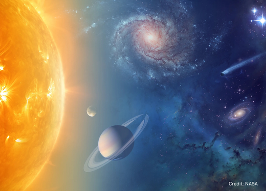 Graphic of space with sun and planets