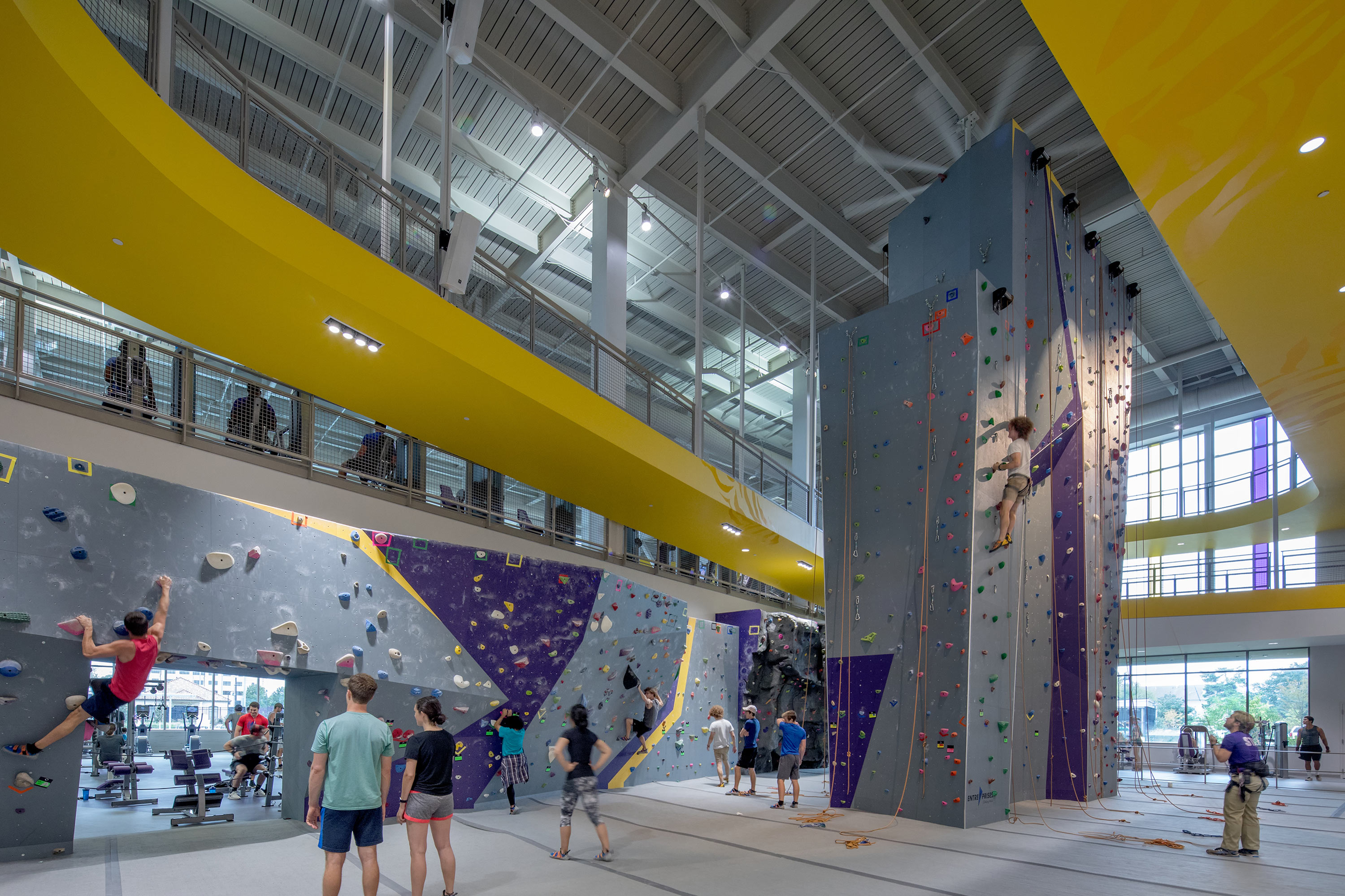 Patrons climbing the walls of climbing area