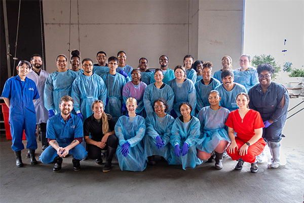 students with surgical gowns