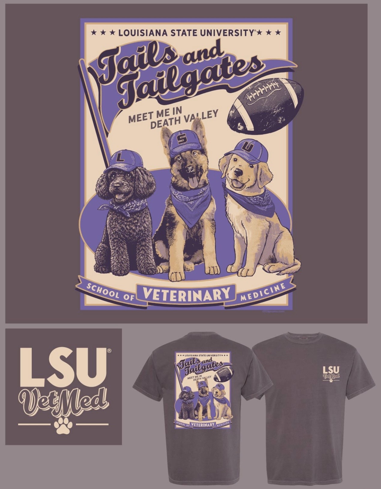 Class of 2028 purple shirt with Tails and Tailgates with three dogs in athletic gear
