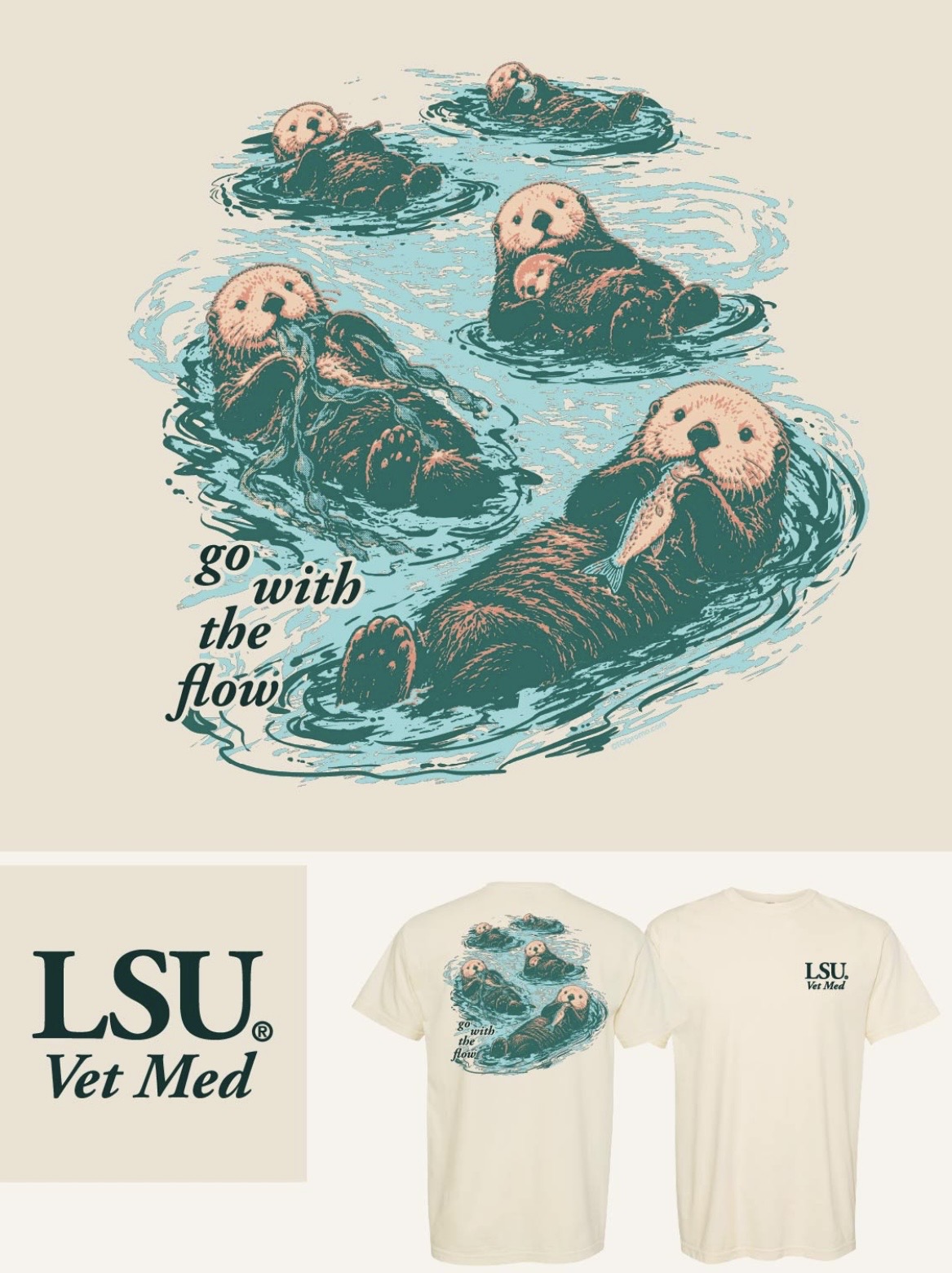 T-shirt showing otters floating their backs